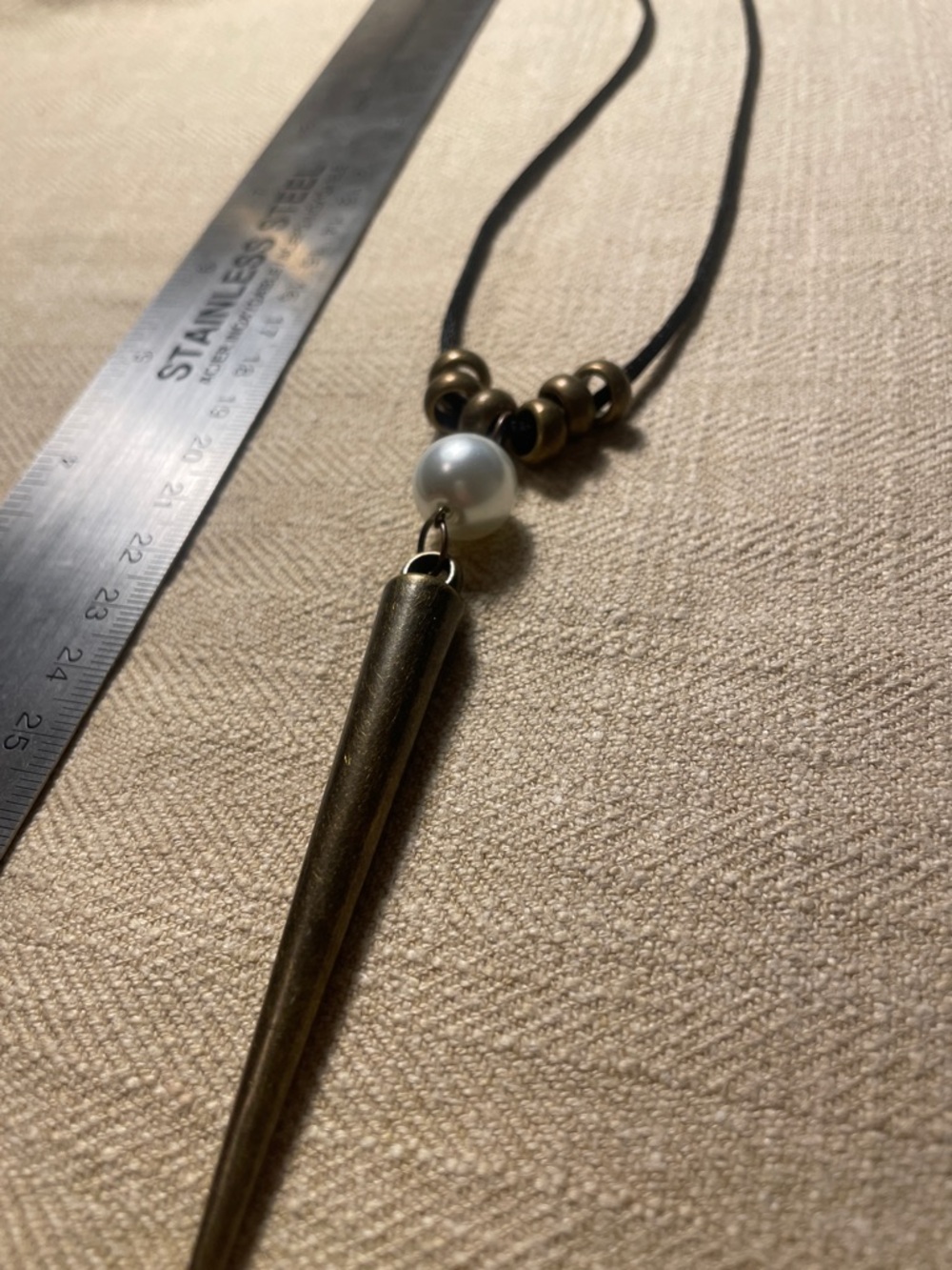 Delicate Black Cord Necklace with Pearl and Antique Gold Spike 15.5” - Picture 5 of 5